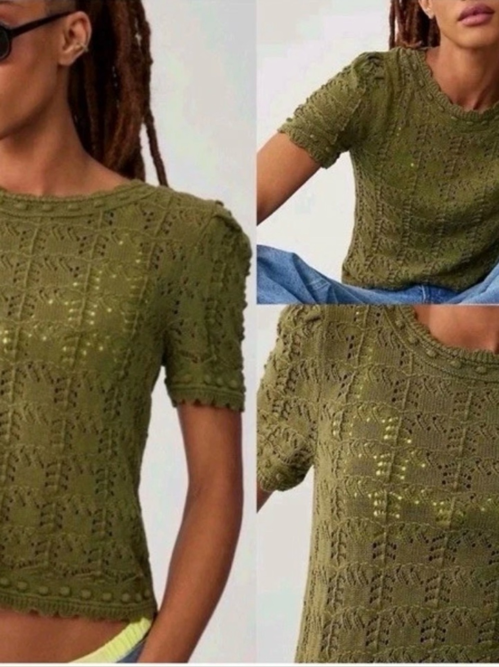Anthropologie Pointelle Sweater Shirt Olive Green Size Extra Small XS CottonBlnd